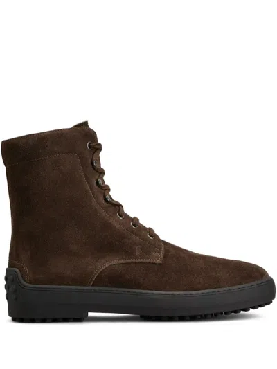 Tod's Suede Gommino Combat Boots Shoes In Brown