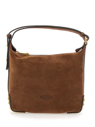 Tod's Tod`s  Suede Handbag With Top Handle, Zip Closure & Metal Dots, 21x24x8 Cm In Brown