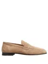 Tod's Suede Almond Toe Loafers With Tonal Stitching In Beige