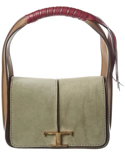 Tod's T Logo Leather & Suede Shoulder Bag In Green