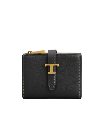 Tod's Tri-fold Leather Wallet With Strap And Mini T Timeless Accessory In Black