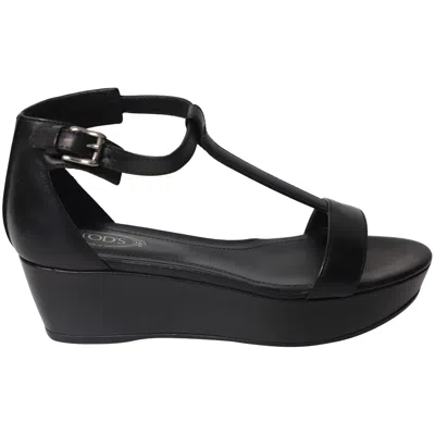 Tod's T-strap Wedge Platform Ankle Strap Sandals In Black Leather