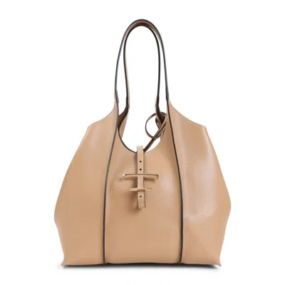 Tod's T Timeless Beige Grained Leather Shoulder Bag In Brown