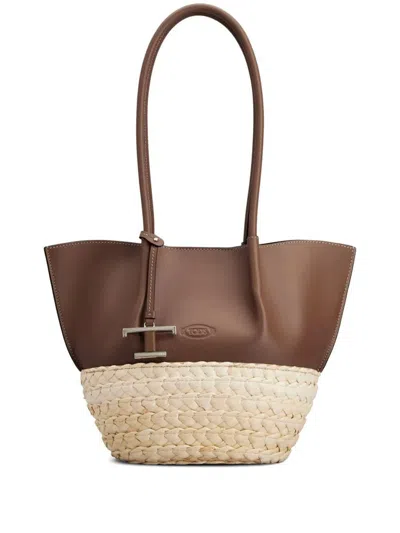 Tod's T Timeless-charm Raffia And Leather Small Tote Bags