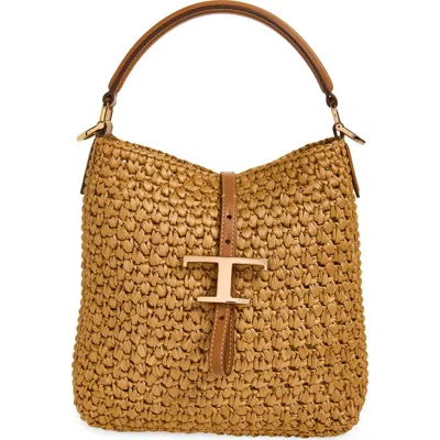Tod's T Timeless Crochet Raffia & Leather Bucket Bag In Brown