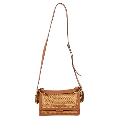 Tod's T Timeless Crocheted Shoulder Bag In Brown Raffia And Leather