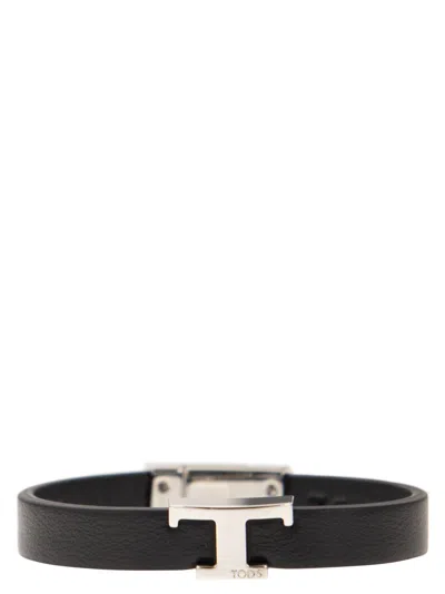 Tod's Logo-plaque Leather Bracelet In Black