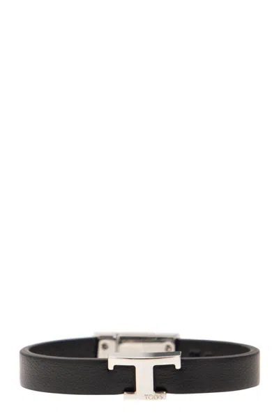 Tod's Logo-plaque Leather Bracelet In Black