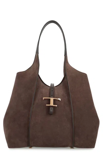 Tod's T Timeless Media Suede Tote In Brown