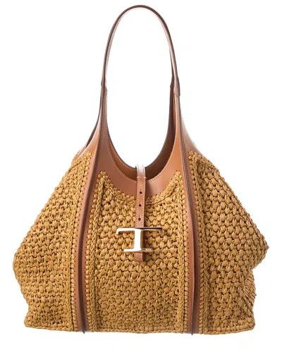 Tod's T Timeless Medium Leather & Raffia Tote In Brown