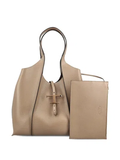 Tod's T Timeless Medium Leather Shopping Bags In Nude