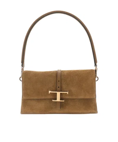 Tod's T Timeless Suede Shoulder Bag In Brown