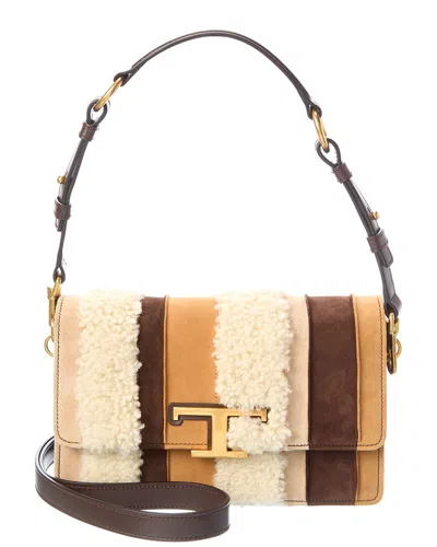 Tod's T Timeless Suede & Shearling Shoulder Bag In Multi