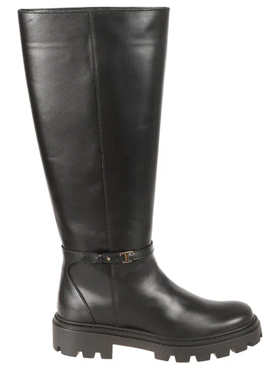 Tod's Tall Calfskin Boots With Gold-tone Buckle In Black