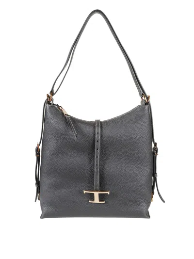 Tod's Textured Black Shoulder Bag With Gold-tone Accents In Gray
