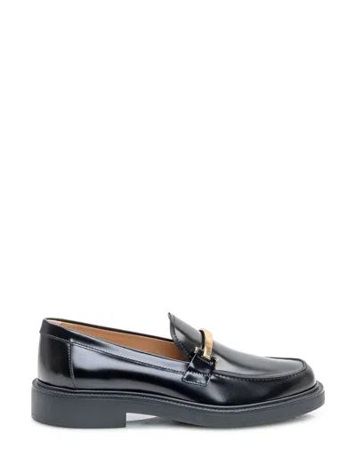 Tod's Leather Loafers With Golden Buckle In Black
