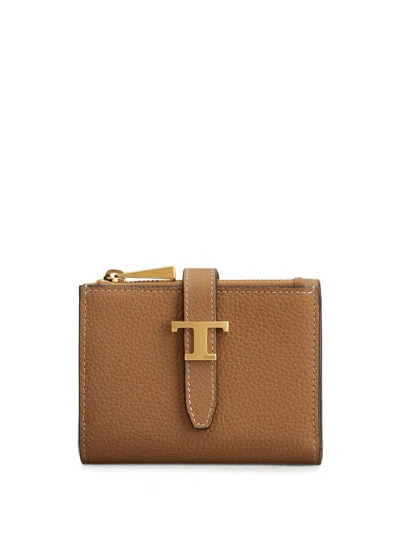 Tod's Tri-fold Leather Wallet With Strap And Mini T Timeless Accessory In Brown