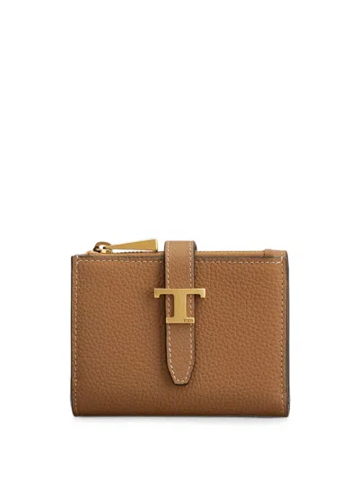 Tod's Tri-fold Leather Wallet With Strap And Mini T Timeless Accessory In Brown