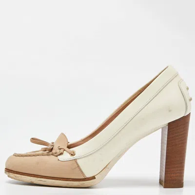 Tod's Two Tone Beige Leather And Patent Block Heel Pumps In Neutral