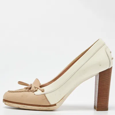 Tod's Two Tone Beige Leather And Patent Block Heel Pumps In Brown