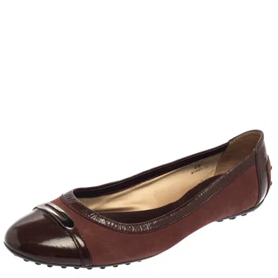 Tod's Two Tone Brown Suede And Patent Leather Cap Toe Ballet Flats