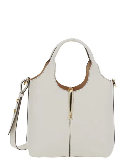 Tod's Tod`s  White Leather Handbag With Adjustable Removable Shoulder Strap, Metal Front Bar & Hook C