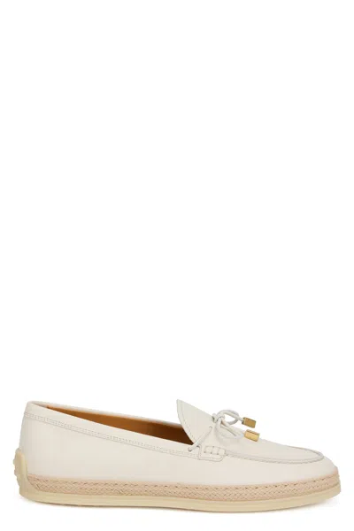 Tod's Tod`s  White Leather Moccasin Loafer With Gold-embellished Cord And Embossed Sole In Neutral