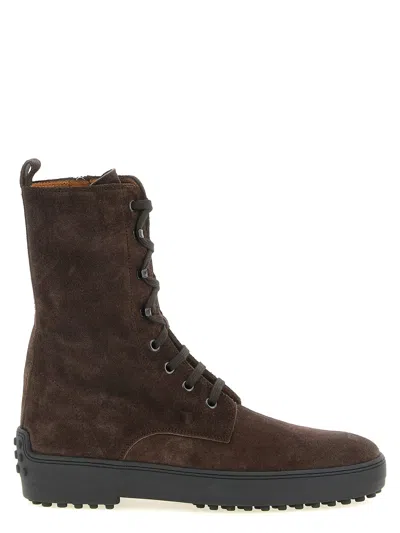 Tod's Winter Gommino Suede Leather Lace-up Ankle Boots In Brown