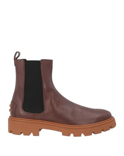 Tod's Woman Ankle Boots Brown Size 11 Leather, Elastic Fibres