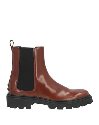 Tod's Woman Ankle Boots Brown Size 8.5 Leather, Elastic Fibres