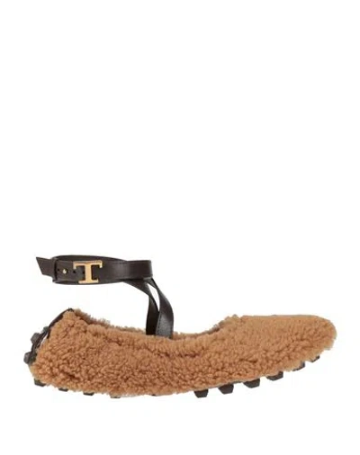 Tod's Woman Ballet Flats Camel Size 8 Shearling In Beige