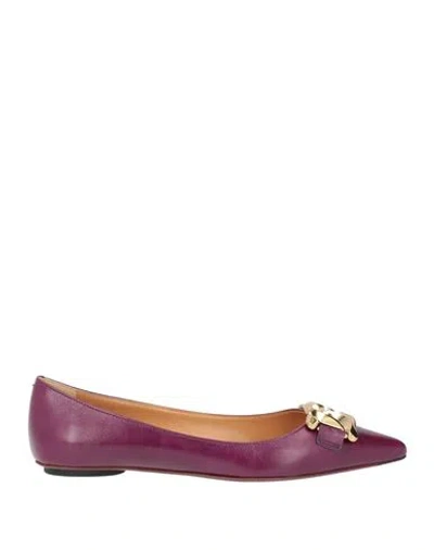 Tod's Woman Ballet Flats Plum Size 5 Leather In Purple