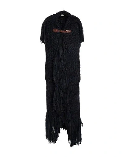 Tod's Woman Cape Midnight Blue Size M Alpaca Wool, Polyamide, Wool, Cow Leather In Black
