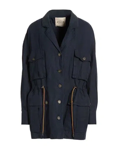 Tod's Woman Jacket Navy Size 6 Cotton, Cow Leather In Blue