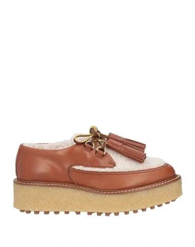 Tod's Woman Lace-up Shoes Tan Size 8 Shearling, Leather In Brown