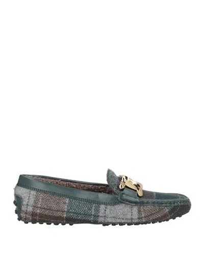 Tod's Woman Loafers Dark Green Size 8 Textile Fibers, Leather In Multi