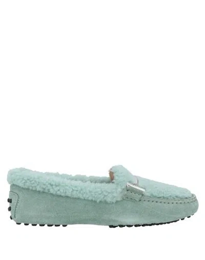 Tod's Woman Loafers Light Green Size 6.5 Leather, Shearling