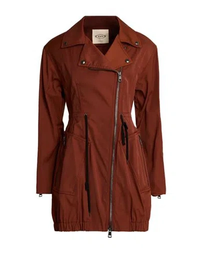 Tod's Woman Overcoat & Trench Coat Rust Size 4 Polyester, Cotton, Cow Leather In Brown