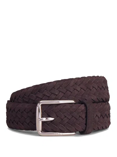 Tod's Woven Suede Belt With Branded Metal Buckle Accessories In Brown