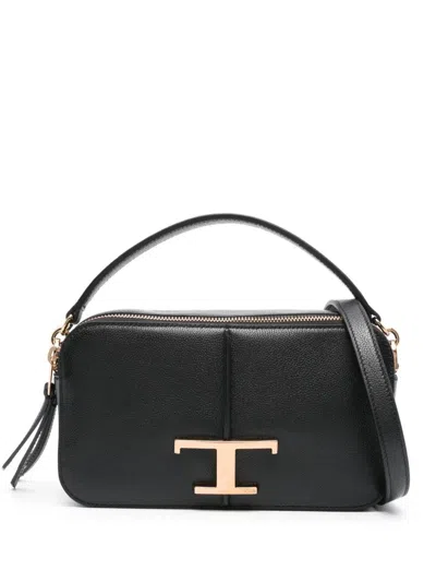 Tod's T-plaque Leather Tote Bag In Black