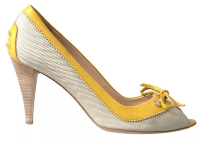 Pre-owned Tod's Yellow Ivory Peep Toe Heels Pumps Women's Shoes ()