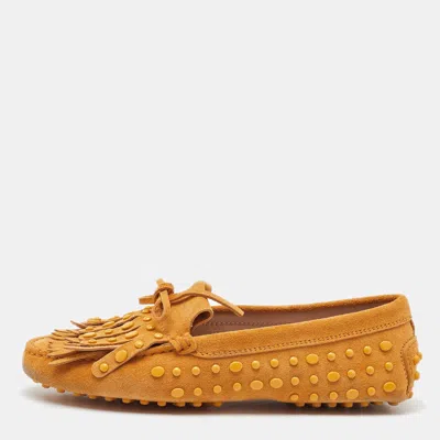 Tod's Yellow Suede Studded Fringe Bow Slip On Loafers