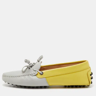 Tod's Yellow/grey Leather And Patent Bow Slip On Loafers In Multi