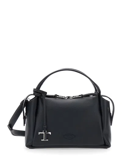 Tod's Tod`s -style Leather Shoulder Handbag With T Plaque, Top Handle, Adjustable & Removable Strap,  In Black
