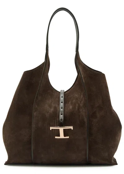Tod's Tods T-plaque Suede Tote In Dark Brown