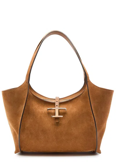 Tod's Tods T-plaque Suede Tote In Tan