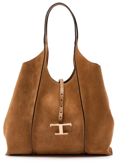 Tod's Tods T-plaque Suede Tote In Tan