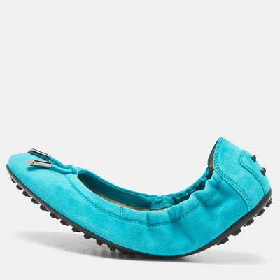 Pre-owned Tod's Turquoise Suede Scrunch Ballet Flats Size 37.5 In Blue