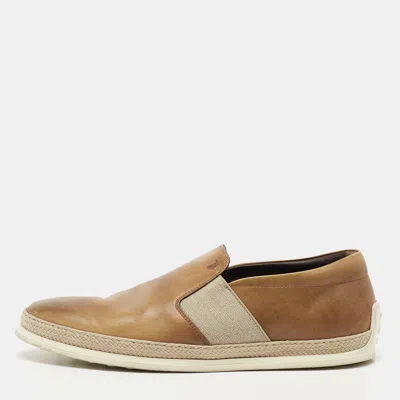 Pre-owned Tod's Two Tone Leather Espadrille Slip On Loafers Size 44.5 In Brown