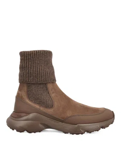 Tod's Umo Brown Suede Sock-style Ankle Boots In Beige